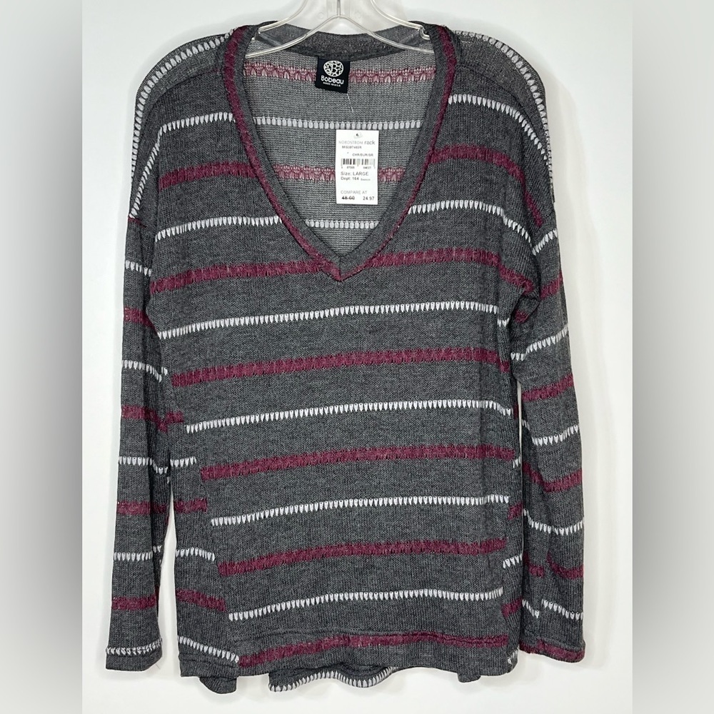 Bobeau Charcoal Burgundy & Gray Hi Low Long Sleeve Lightweight Women's L Sweater